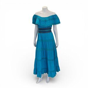 Vintage Turquoise 1970s Cotton Maxi Dress – Off-Shoulder Pintuck & Lace * Medium